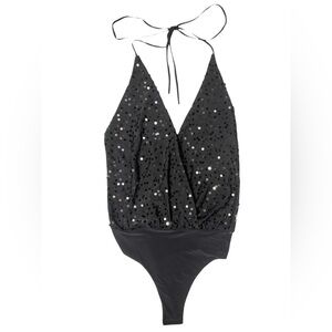 Women’s Plunging backless black Sequins Halter Bodysuit Thong size Small Y2K NWT